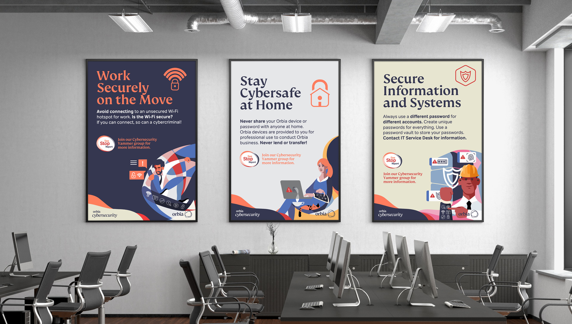 Office space with Orbia Cybersecurity posters on display
